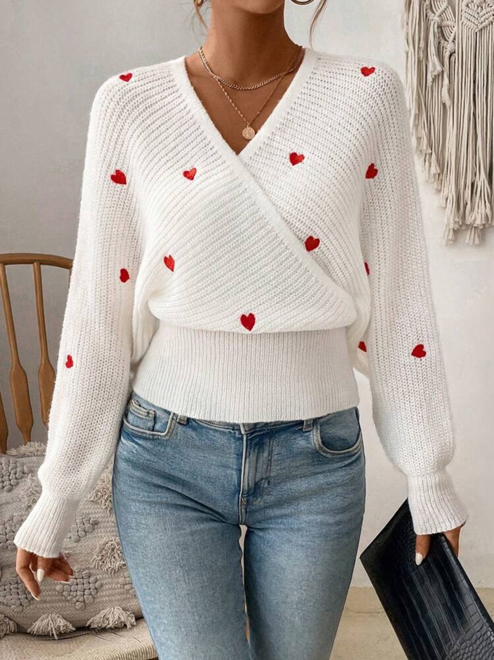 Women's Heart Embroidery Batwing Sleeve Wrap Knit Pullover Sweater NWT Medium